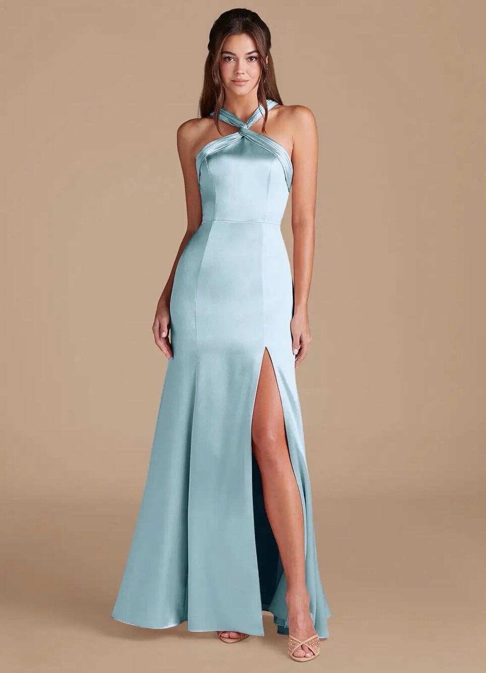 Azazie Rue Sky Blue Mermaid Pleated Metallic Satin Dress A6 Size 6 New with Tags